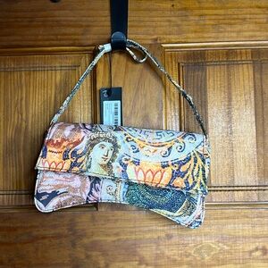 Yellow Roman horse mosaic print flap over baguette shoulder bag